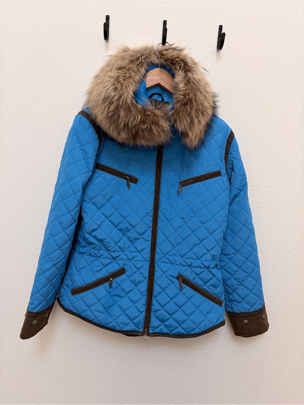 M. Miller Womens Ski Jacket Blue Quilted Real Raccoon Fur Collar Thinsulate